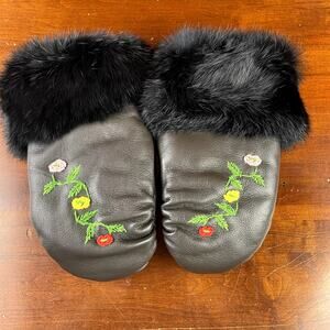 Handmade Black Leather Mittens Fur Trim Hand Embroidered Mitts S